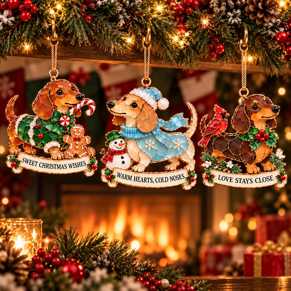 🐾🎄 Dachshund Christmas Ornaments Set of 6 - Stained Glass Style