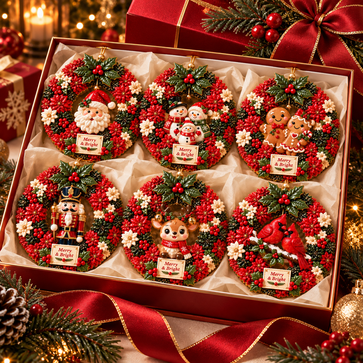 Merry & Bright Christmas Wreath Ornament Collection – 6-Piece  Santa, Snowman, Gingerbread, Nutcracker, Reindeer & Cardinal Christmas Tree Decorations | Festive Holiday Keepsake Gifts