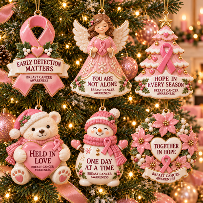 2026 Breast Cancer Awareness Christmas Ornament Set – 6-Piece Pink Ribbon Holiday Keepsake Gift