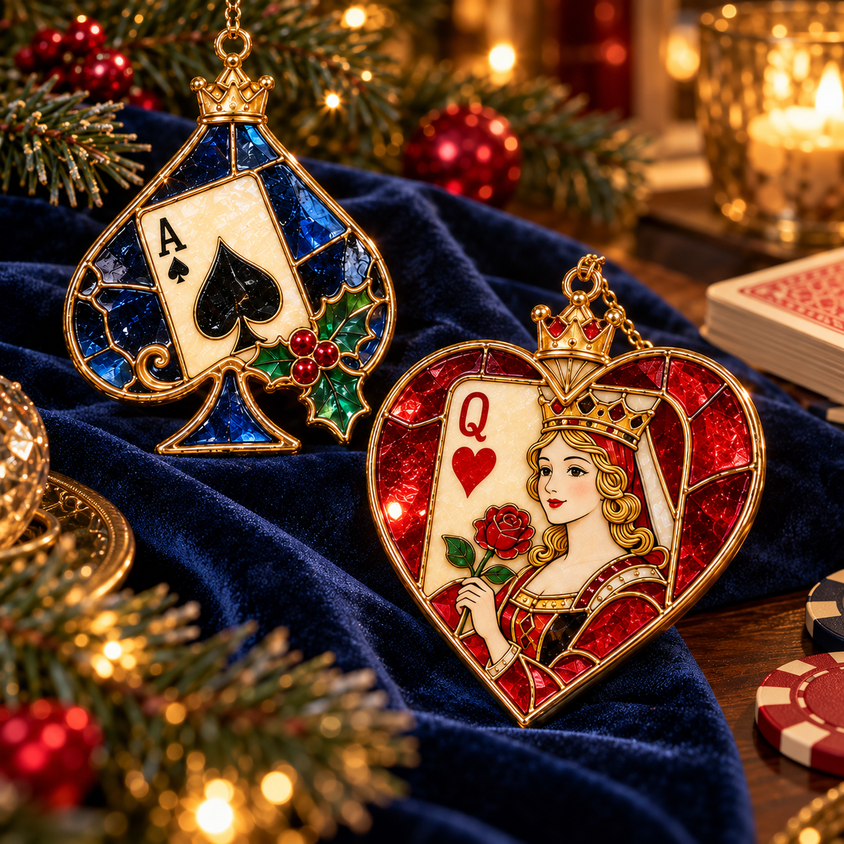✨ 2026 Vintage Stained Glass Playing Card Christmas Ornaments – Set of 6 |  Poker Ace, Queen, King, Jack & Joker Hanging Decorations | Casino & Card Game Christmas Tree Ornaments | Unique Gifts for Poker Lovers
