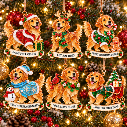 2026 Golden Retriever Christmas Ornaments – Set of 6 | Vintage Stained-Glass Style with Golden Accents & Heartwarming Holiday Wishes
