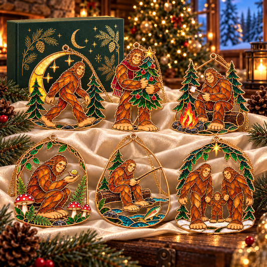 Woodland Wonders – Vintage Stained Glass Style Bigfoot Christmas Ornaments, Set of 6