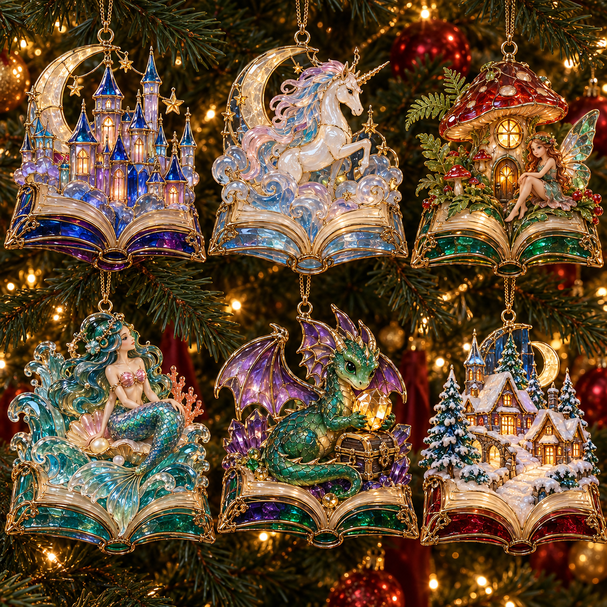 🎄 2026 Enchanted Storybook Christmas Ornaments – Set of 6 |  Stained Glass Fairy Tale Castle, Unicorn, Fairy, Mermaid, Dragon & Snowy Village Hanging Decorations | Magical Christmas Tree Ornaments & Fantasy Lover Gifts