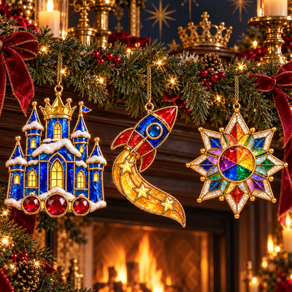 ✨ 2026 Magical Stained Glass Christmas Ornaments – Set of 6 |  Crystal Castle, Candy, Rocket, Rainbow Star & Heart Hanging Decorations | Colorful Christmas Tree Ornaments & Holiday Gifts