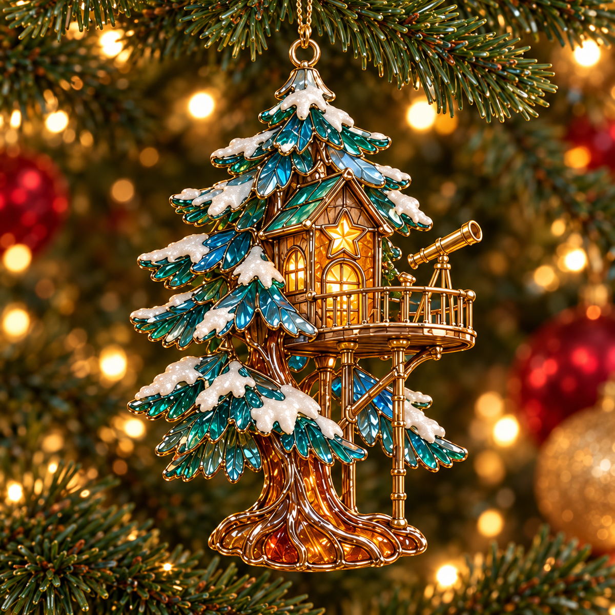 ✨ 2026 Enchanted Stained Glass Treehouse Christmas Ornaments – Set of 6 |  Fairy Tree Houses, Autumn Maple, Acorn Cottage & Moonlight Willow Hanging Decorations | Magical Christmas Tree Ornaments & Fairy Garden Gifts