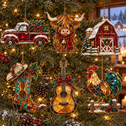 Country Christmas Charm – 6-Piece Vintage Stained Glass–Style Ornament Set
