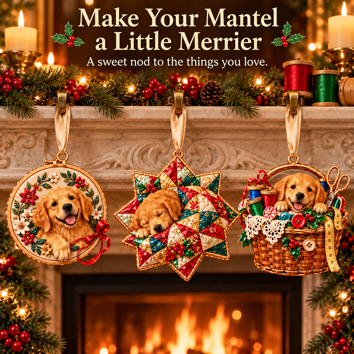 Golden Retriever Sewing-Themed Christmas Ornament