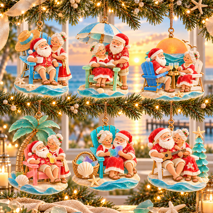 🏖️ 2026 Coastal Christmas Santa & Mrs. Claus Ornaments – Set of 6 Tropical Holiday Keepsakes
