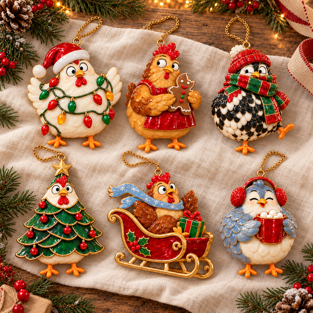 🐔 2026 Christmas Chicken Ornaments – Set of 6 Festive Farmhouse Holiday Keepsakes
