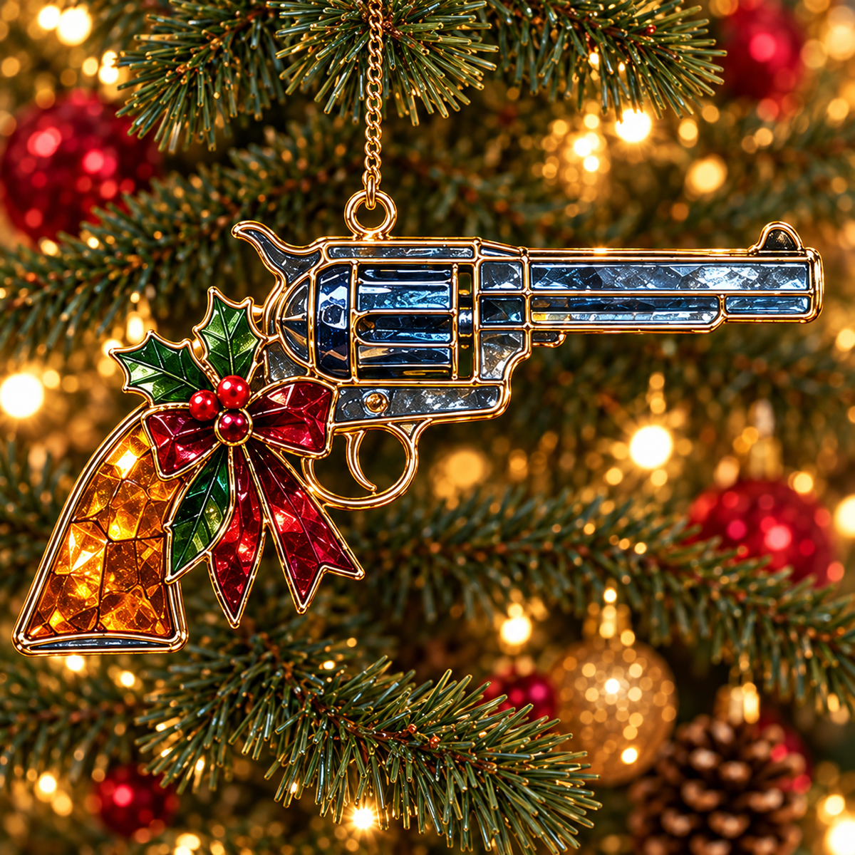 ✨ 2026 Vintage Stained Glass Firearms Christmas Ornaments – Set of 6 | Western Revolver, Cowboy Rifle, Shotgun & Pistol Hanging Decorations | Christmas Tree Ornaments & Unique Holiday Gifts for Gun Enthusiasts