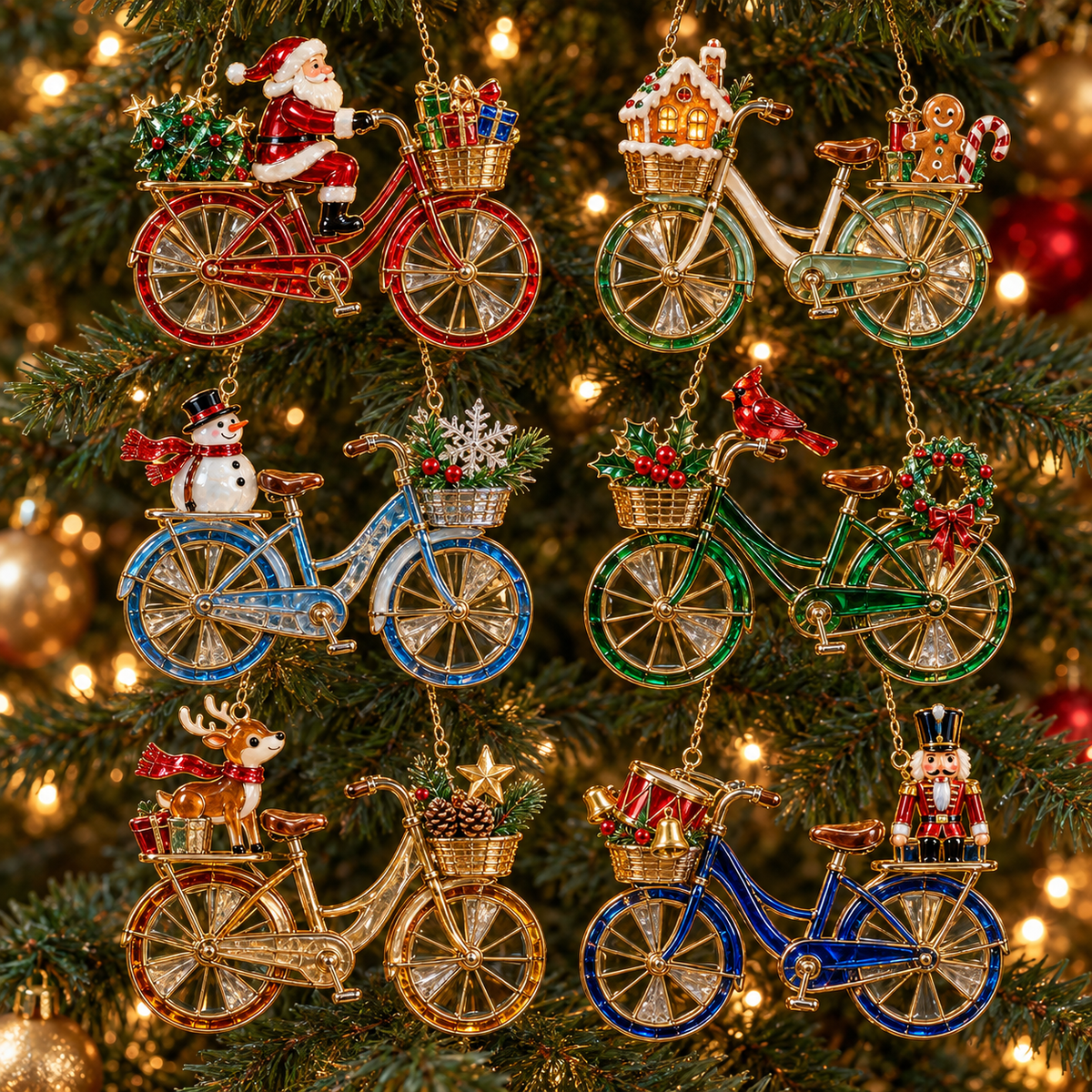 🎄 2026 Vintage Stained Glass Christmas Bicycle Ornaments – Set of 6