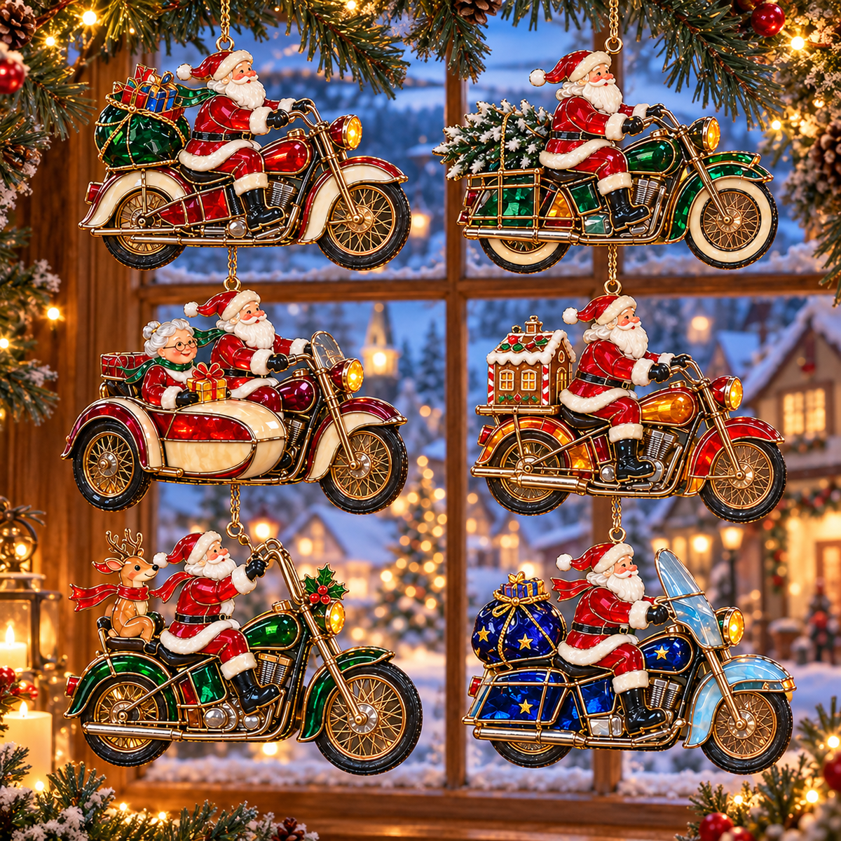 🏍️ 2026 Santa Claus Motorcycle Christmas Ornaments – Set of 6 Vintage Holiday Biker Keepsakes