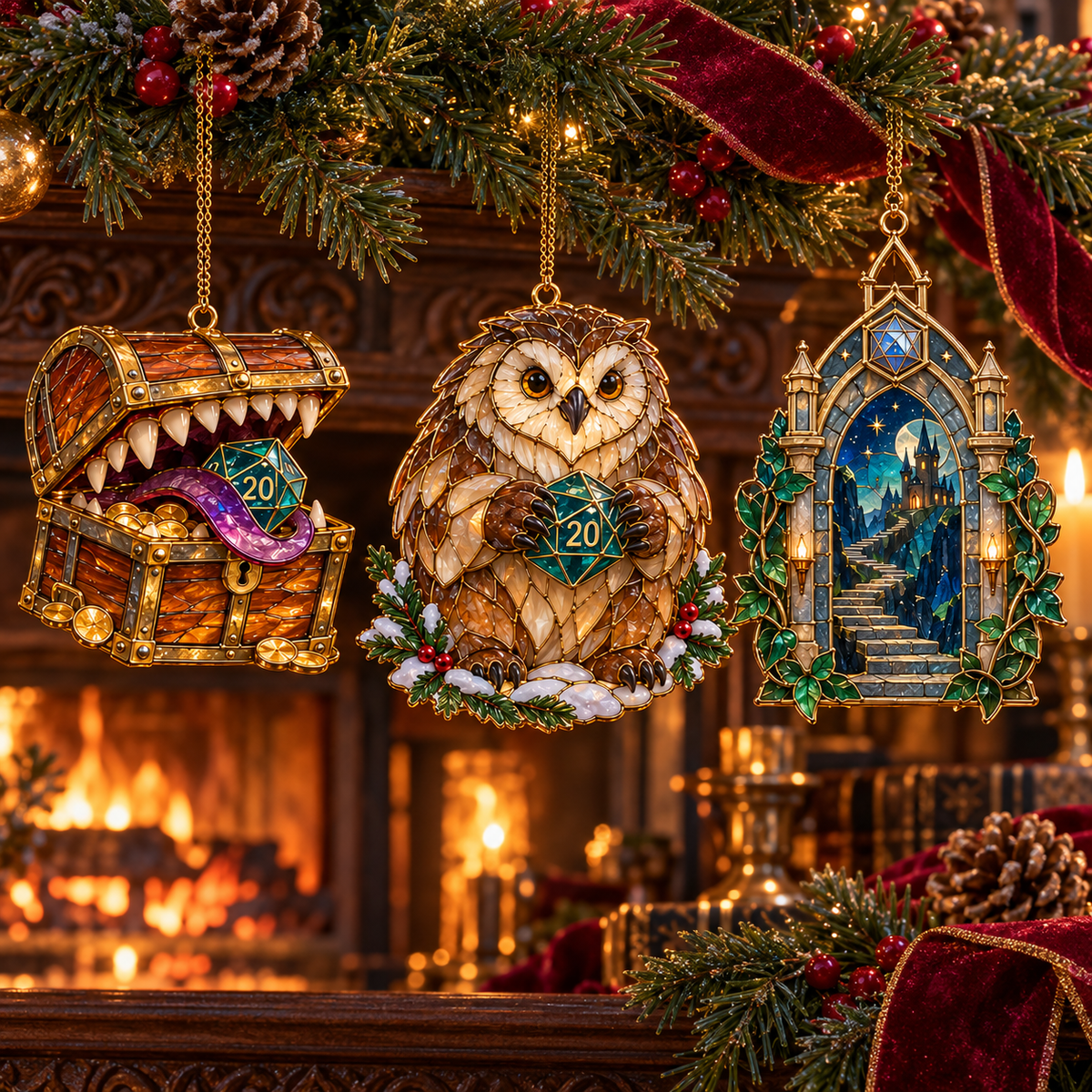 Enchanted Realms – 6-Piece Vintage Stained Glass-Style Fantasy Christmas Ornament Set