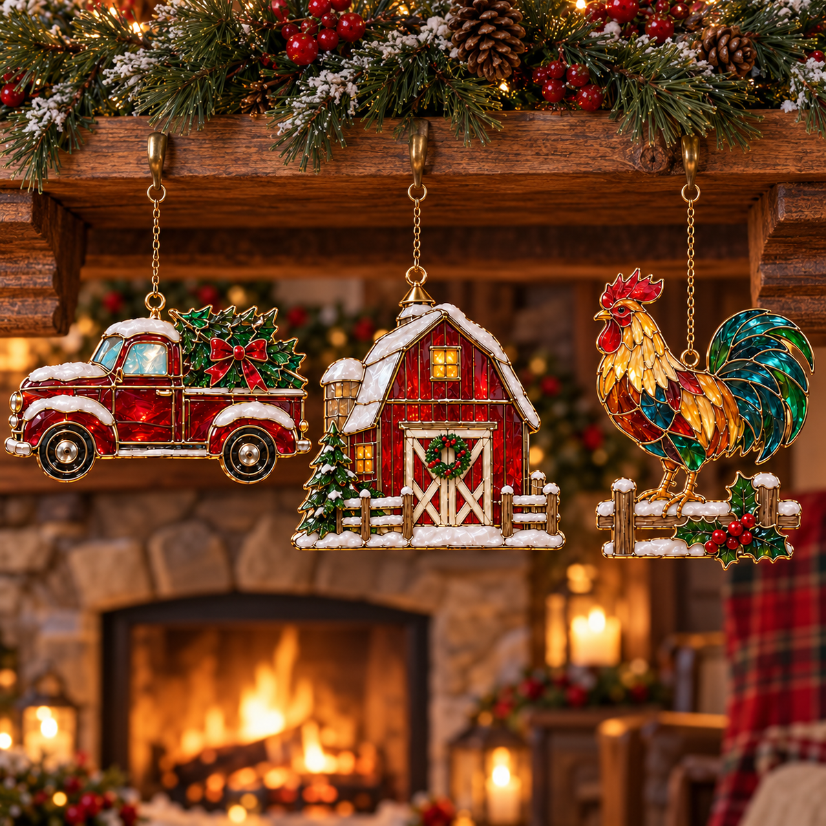 Country Christmas Charm – 6-Piece Vintage Stained Glass–Style Ornament Set
