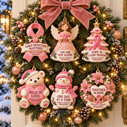 2026 Breast Cancer Awareness Christmas Ornament Set – 6-Piece Pink Ribbon Holiday Keepsake Gift