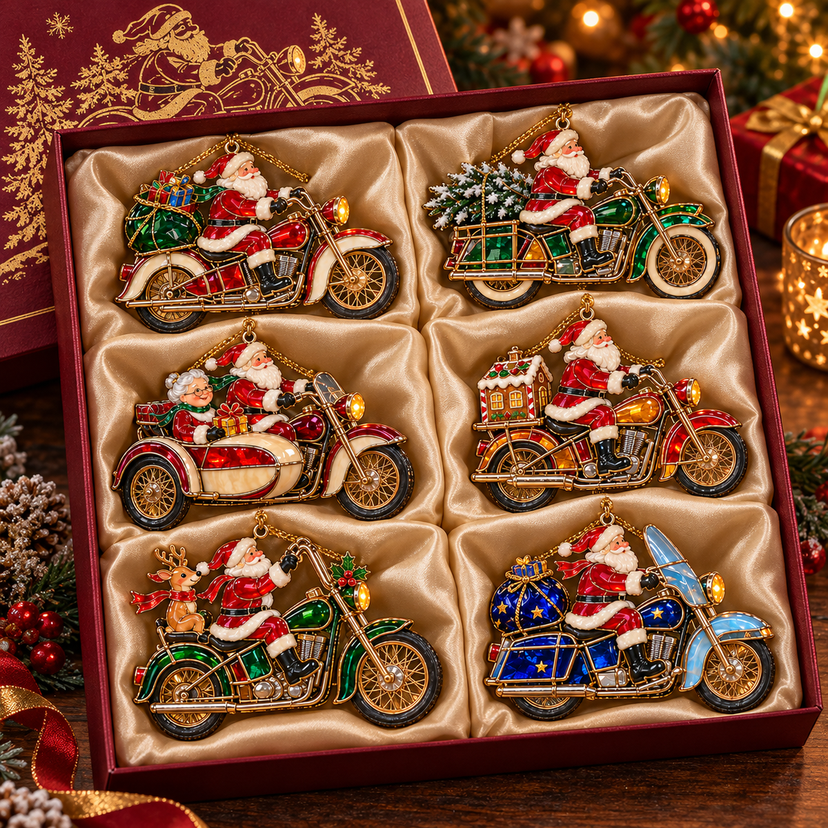 🏍️ 2026 Santa Claus Motorcycle Christmas Ornaments – Set of 6 Vintage Holiday Biker Keepsakes