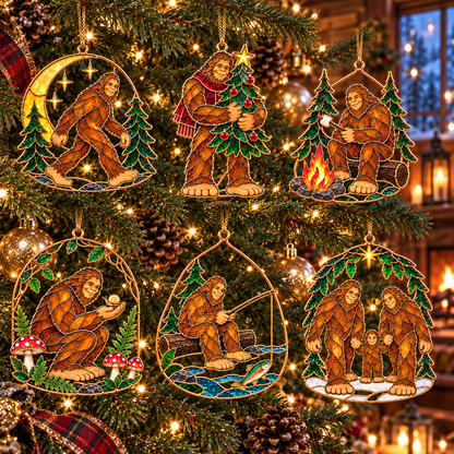 Woodland Wonders – Vintage Stained Glass Style Bigfoot Christmas Ornaments, Set of 6