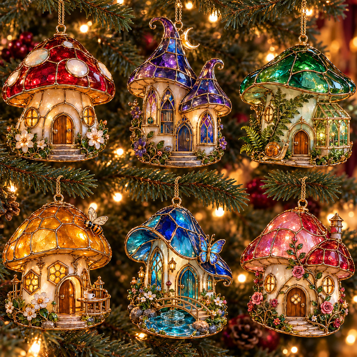 ✨ 2026 Enchanted Stained Glass Mushroom House Christmas Ornaments – Set of 6 | Fairy Cottage, Magical Forest, Moonlight Mushroom & Butterfly House Hanging Decorations | Whimsical Christmas Tree Ornaments & Fairy Garden Gifts