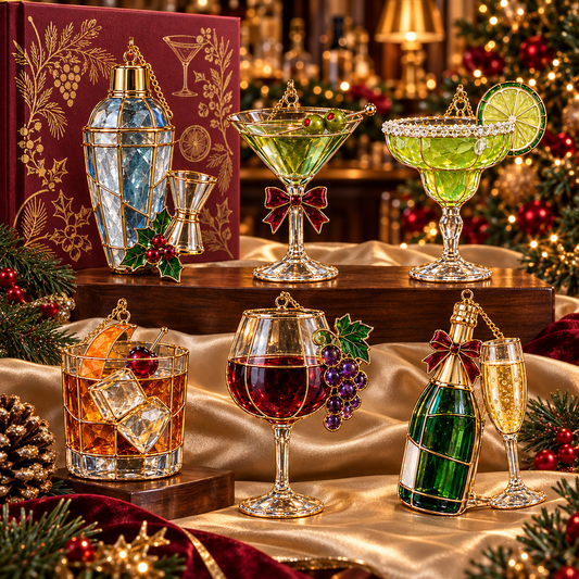 ✨ 2026 Vintage Stained Glass Cocktail & Wine Christmas Ornaments – Set of 6 |  Martini, Margarita, Whiskey, Red Wine & Champagne Hanging Decorations | Christmas Tree Ornaments & Unique Holiday Gifts for Cocktail Lovers
