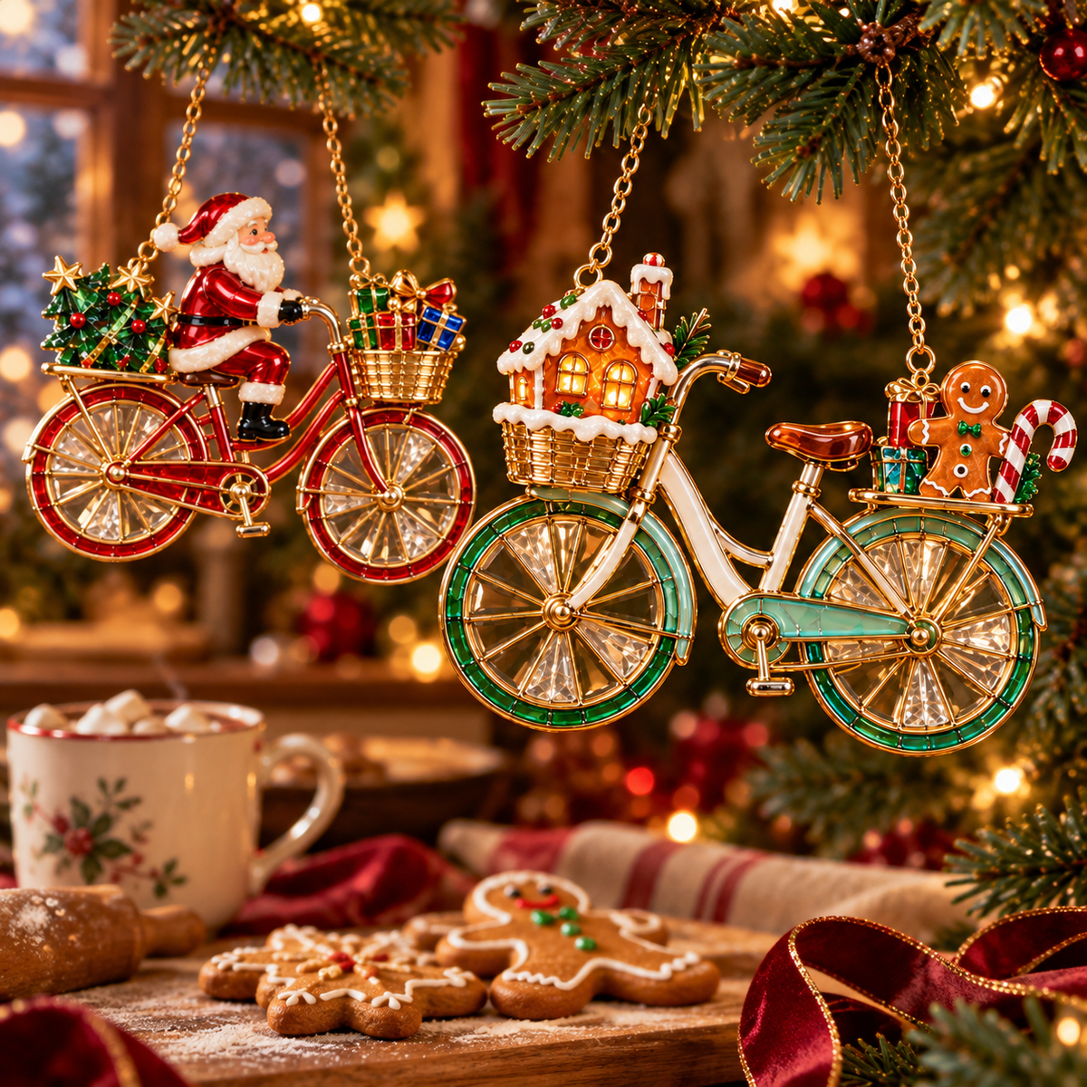 🎄 2026 Vintage Stained Glass Christmas Bicycle Ornaments – Set of 6