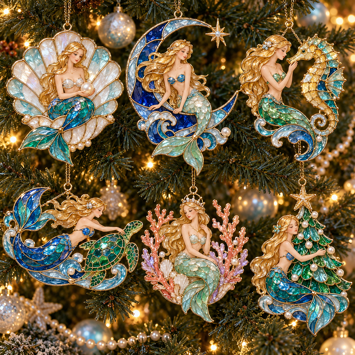 Ocean Enchantment – Vintage Stained-Glass Style Mermaid Christmas Ornaments, Set of 6