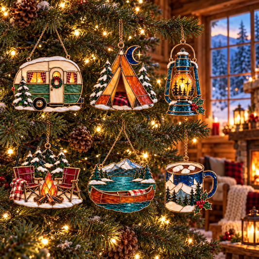 Cozy Christmas Camping — Vintage Stained Glass Style Ornaments, Set of 6