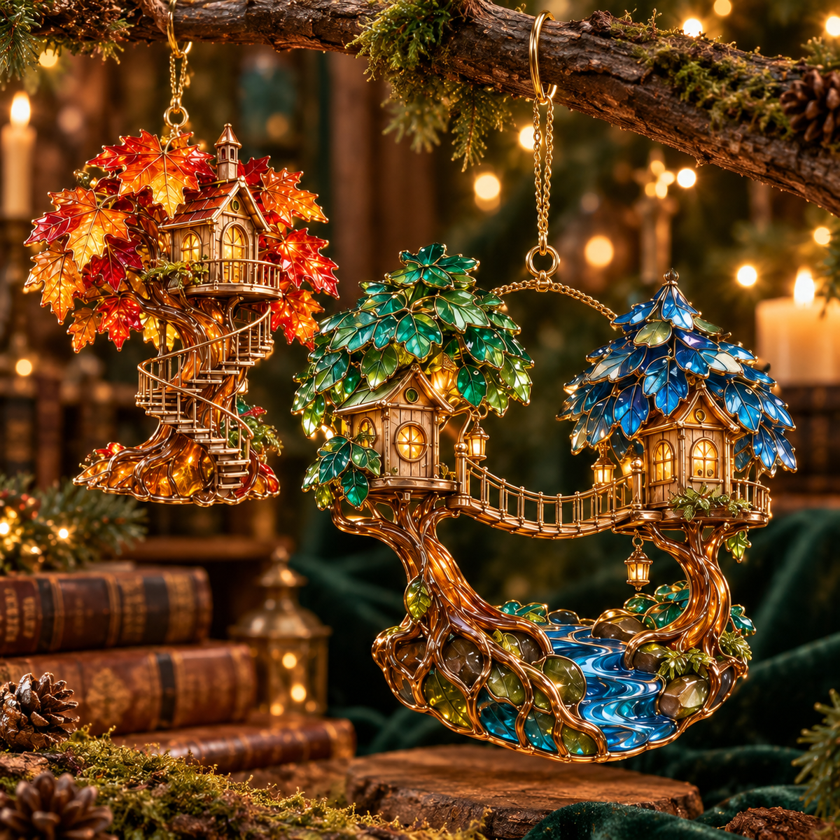 ✨ 2026 Enchanted Stained Glass Treehouse Christmas Ornaments – Set of 6 |  Fairy Tree Houses, Autumn Maple, Acorn Cottage & Moonlight Willow Hanging Decorations | Magical Christmas Tree Ornaments & Fairy Garden Gifts