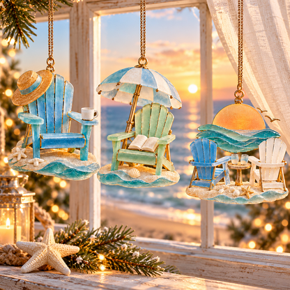 🏖️ 2026 Coastal Christmas Beach Chair Ornaments – Set of 6 Seaside Holiday Keepsakes