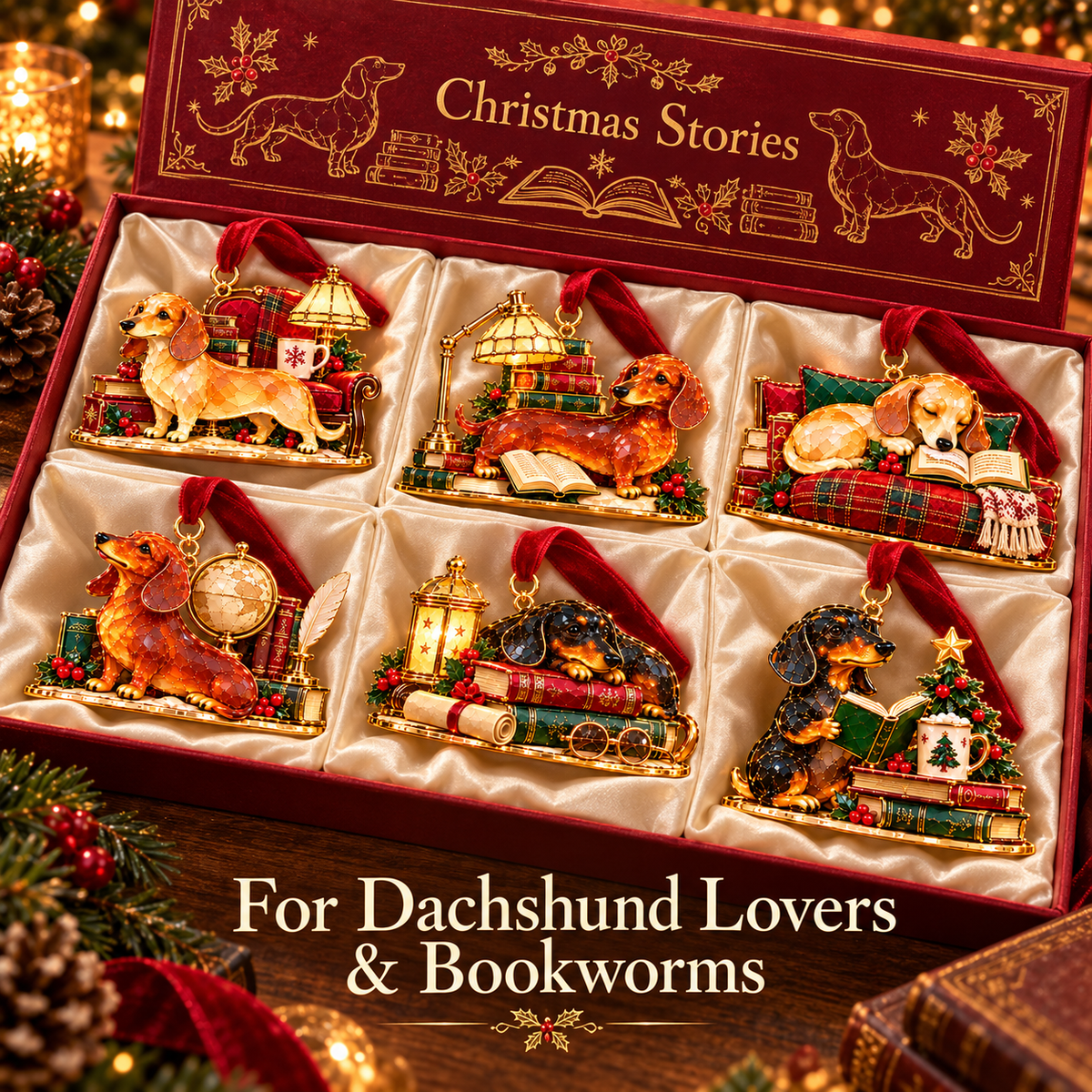 Dachshund Christmas Ornaments – Cozy Library Holiday Collection