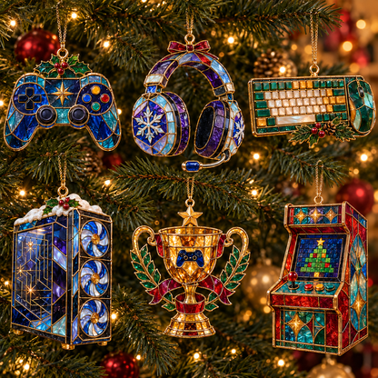 Level Up Your Christmas – 6-Piece Vintage Stained Glass Gaming Ornament Set