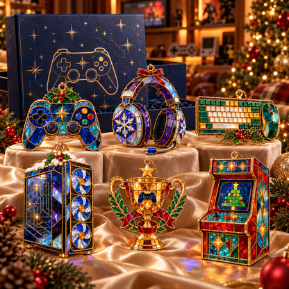 Level Up Your Christmas – 6-Piece Vintage Stained Glass Gaming Ornament Set