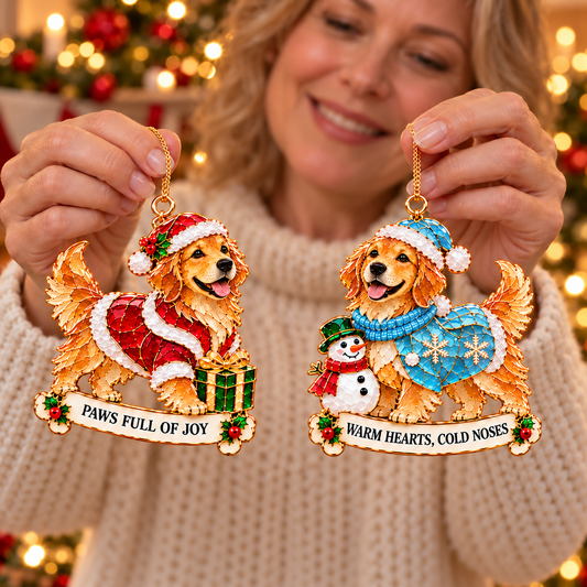 2026 Golden Retriever Christmas Ornaments – Set of 6 | Vintage Stained-Glass Style with Golden Accents & Heartwarming Holiday Wishes