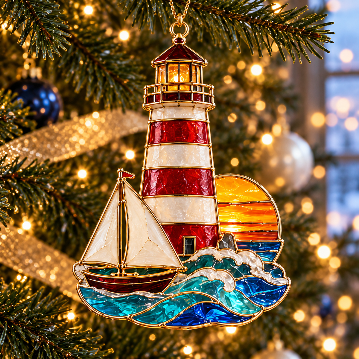 Coastal Lighthouse Christmas Ornaments – Vintage Stained Glass Style, Set of 6