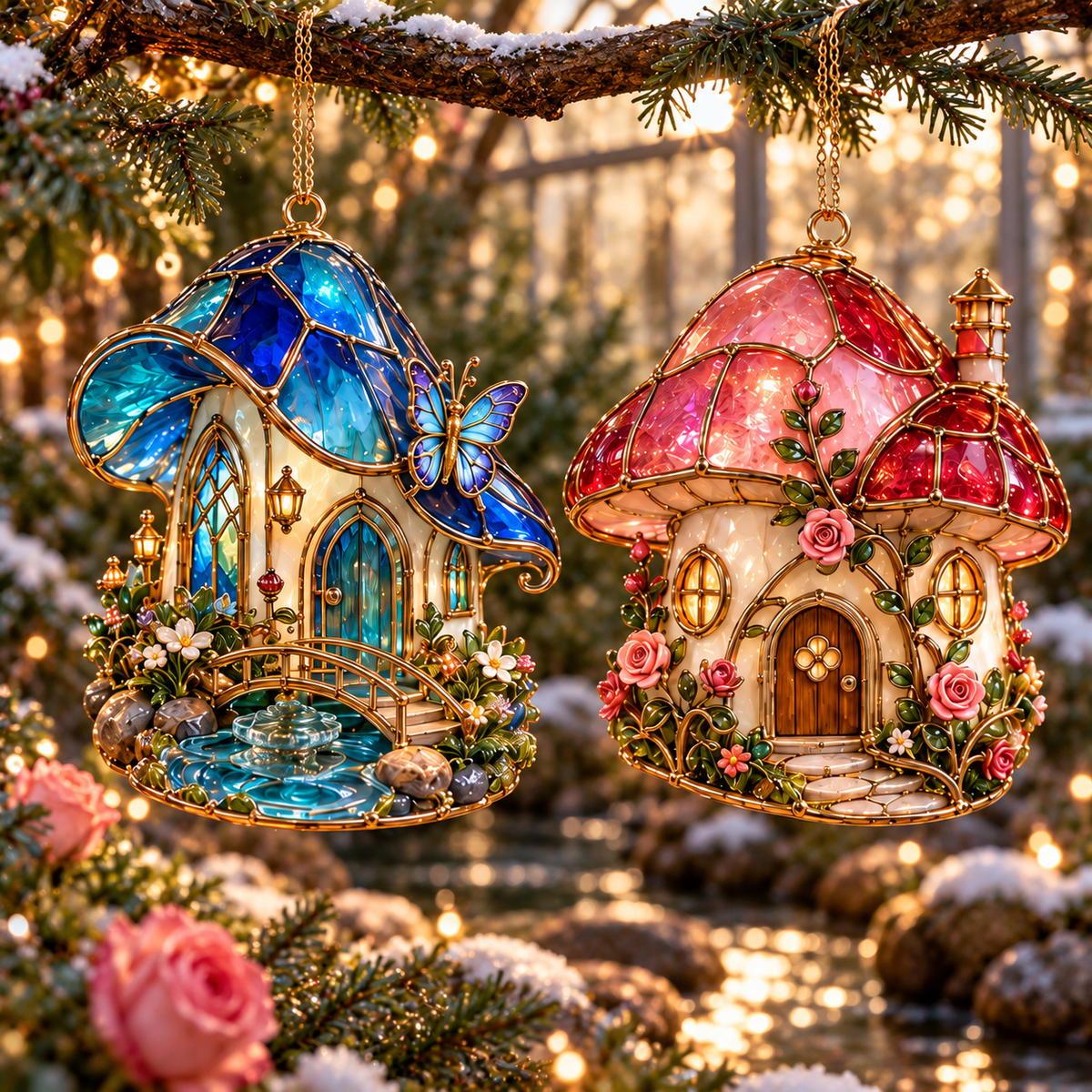 ✨ 2026 Enchanted Stained Glass Mushroom House Christmas Ornaments – Set of 6 | Fairy Cottage, Magical Forest, Moonlight Mushroom & Butterfly House Hanging Decorations | Whimsical Christmas Tree Ornaments & Fairy Garden Gifts