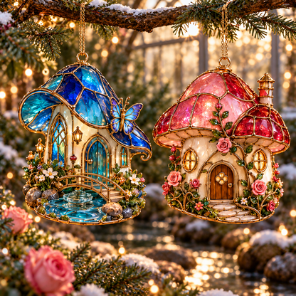 ✨ 2026 Enchanted Stained Glass Mushroom House Christmas Ornaments – Set of 6 | Fairy Cottage, Magical Forest, Moonlight Mushroom & Butterfly House Hanging Decorations | Whimsical Christmas Tree Ornaments & Fairy Garden Gifts