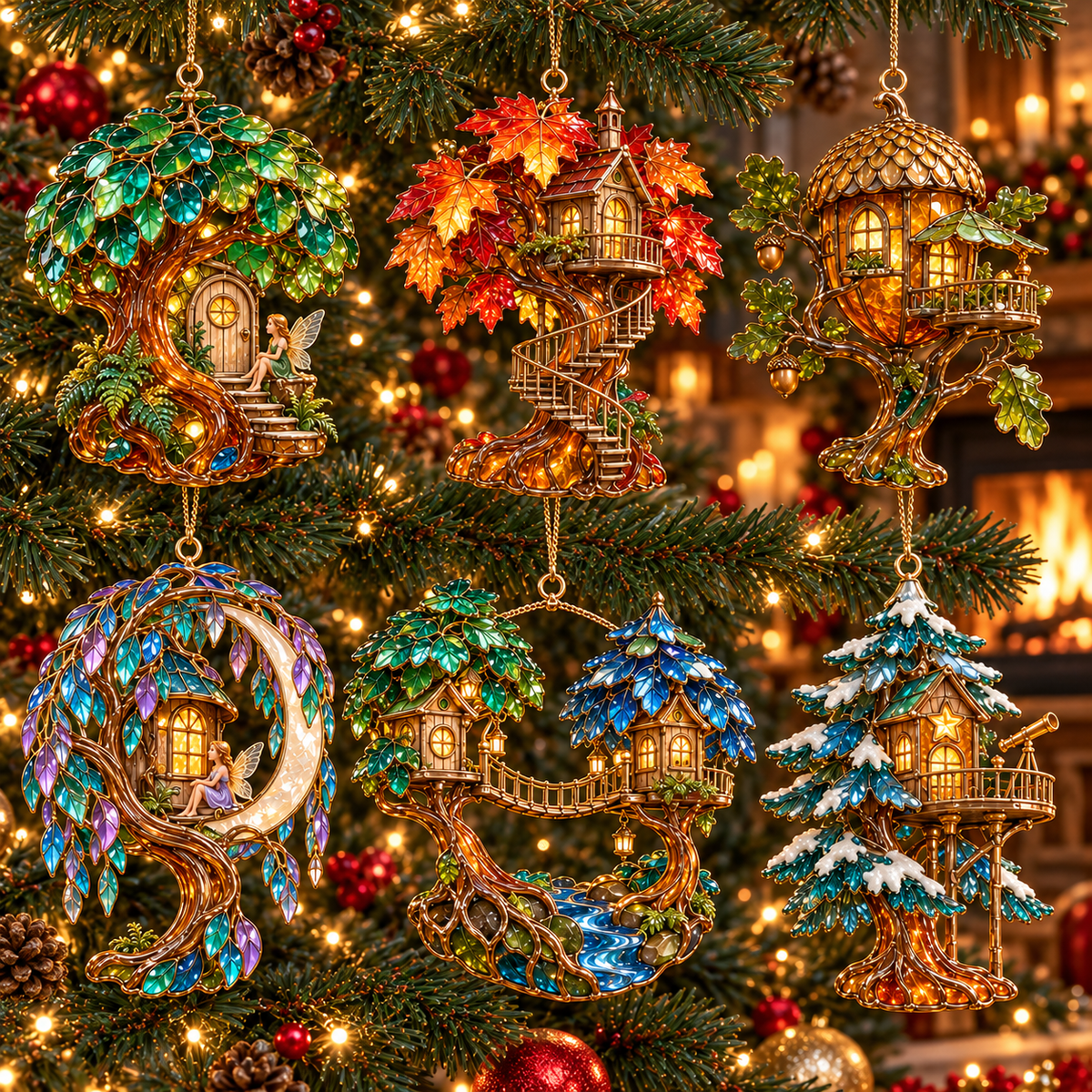 ✨ 2026 Enchanted Stained Glass Treehouse Christmas Ornaments – Set of 6 |  Fairy Tree Houses, Autumn Maple, Acorn Cottage & Moonlight Willow Hanging Decorations | Magical Christmas Tree Ornaments & Fairy Garden Gifts