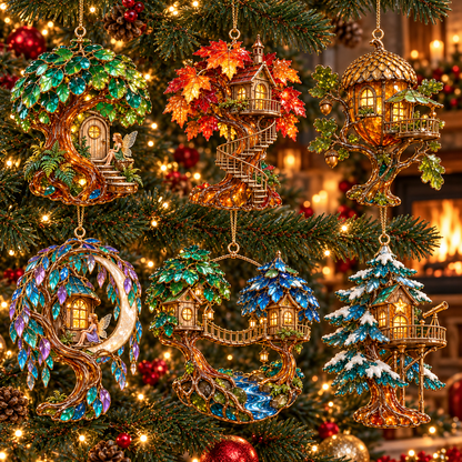 ✨ 2026 Enchanted Stained Glass Treehouse Christmas Ornaments – Set of 6 |  Fairy Tree Houses, Autumn Maple, Acorn Cottage & Moonlight Willow Hanging Decorations | Magical Christmas Tree Ornaments & Fairy Garden Gifts