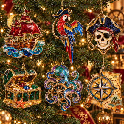 Pirate Adventures – Vintage Stained Glass-Style Christmas Ornaments, Set of 6