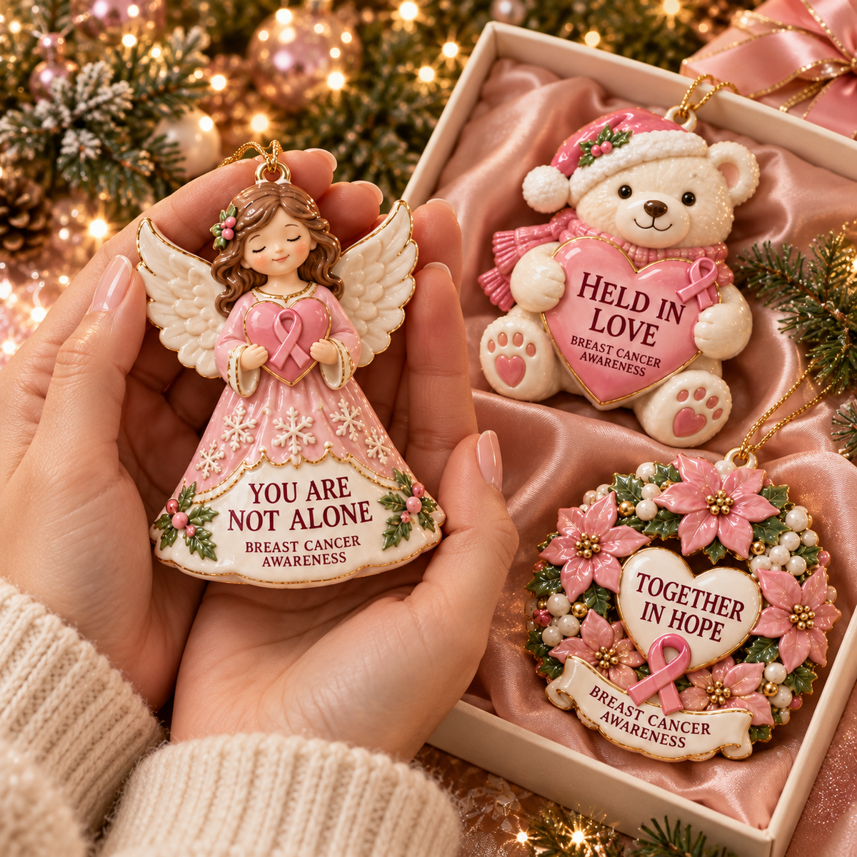 2026 Breast Cancer Awareness Christmas Ornament Set – 6-Piece Pink Ribbon Holiday Keepsake Gift