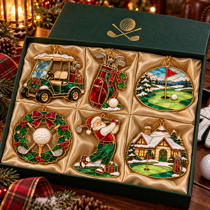Tee Up the Holidays – Vintage Stained Glass-Style Golf Christmas Ornaments, 6-Piece Set