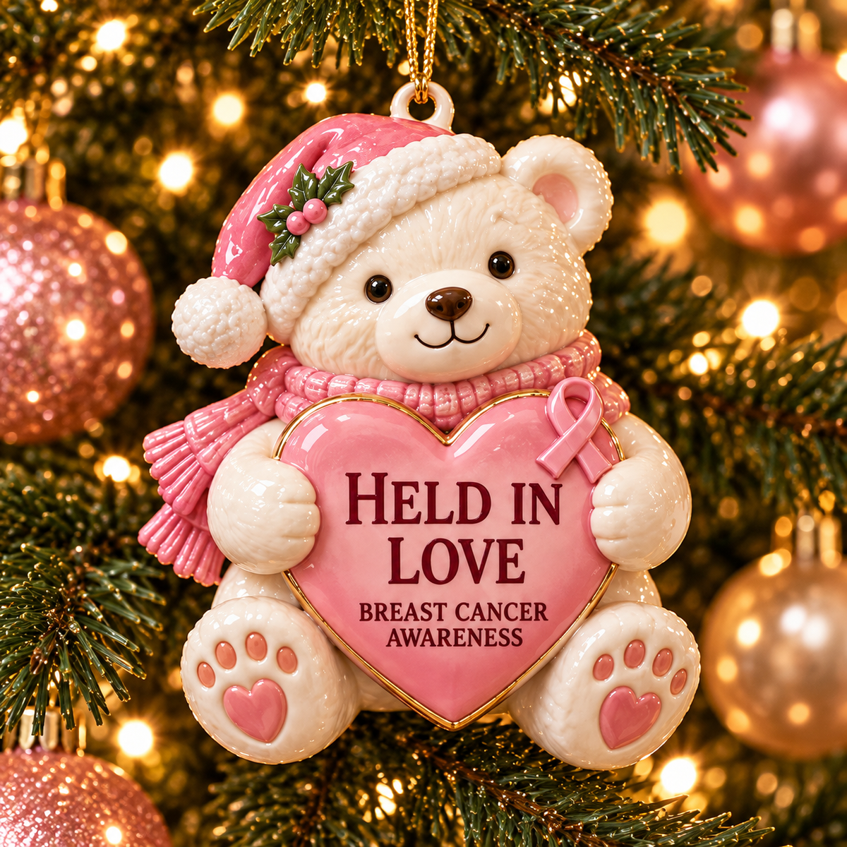 2026 Breast Cancer Awareness Christmas Ornament Set – 6-Piece Pink Ribbon Holiday Keepsake Gift