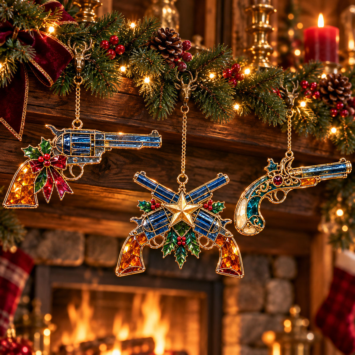 ✨ 2026 Vintage Stained Glass Firearms Christmas Ornaments – Set of 6 | Western Revolver, Cowboy Rifle, Shotgun & Pistol Hanging Decorations | Christmas Tree Ornaments & Unique Holiday Gifts for Gun Enthusiasts