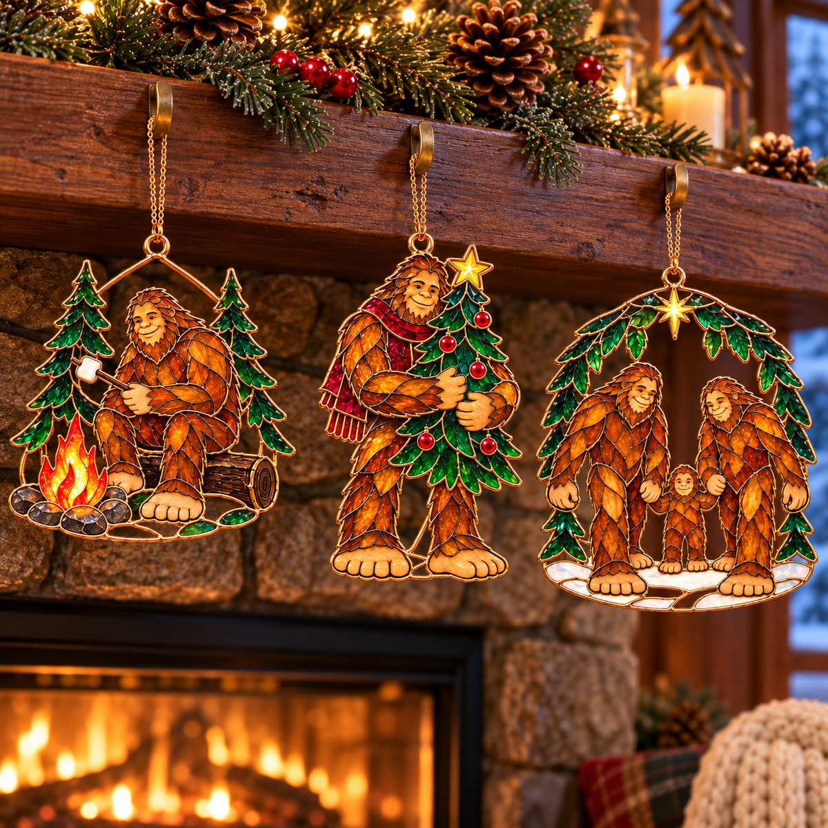 Woodland Wonders – Vintage Stained Glass Style Bigfoot Christmas Ornaments, Set of 6