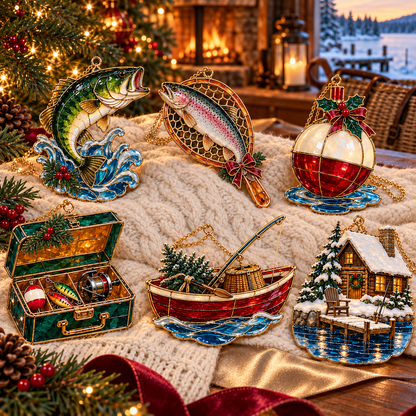Reel in the Christmas Magic — Vintage Stained Glass–Style Fishing Ornaments, Set of 6