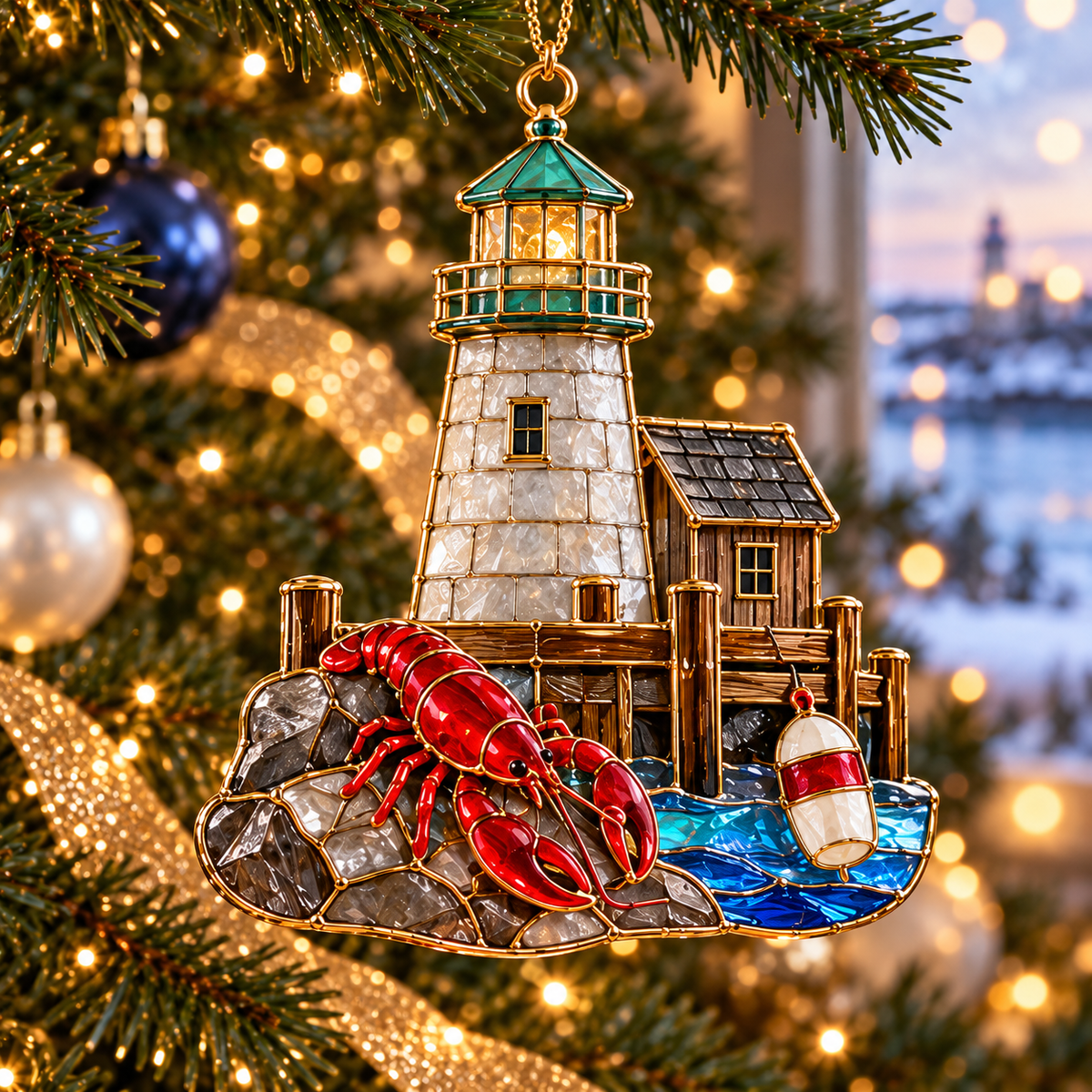 Coastal Lighthouse Christmas Ornaments – Vintage Stained Glass Style, Set of 6