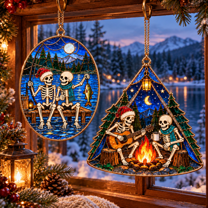 Friends for Eternity – Vintage Stained Glass Style Skeleton Christmas Ornaments, Set of 6