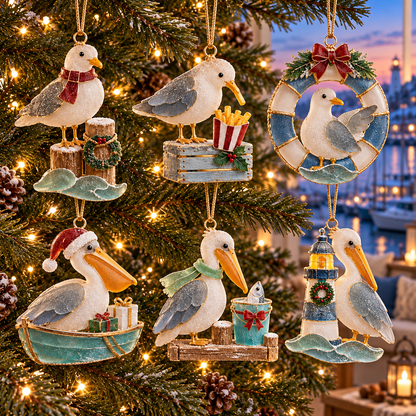 🌊 2026 Coastal Christmas Seabird Ornaments – Set of 6 Festive Seagull & Pelican Keepsakes