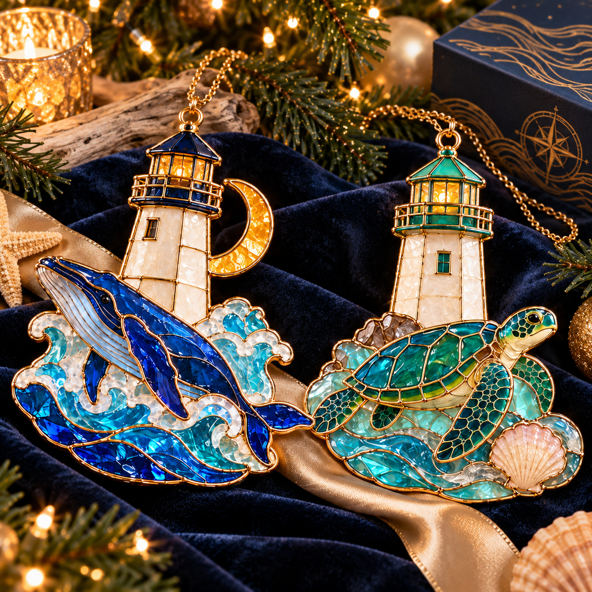 Coastal Lighthouse Christmas Ornaments – Vintage Stained Glass Style, Set of 6