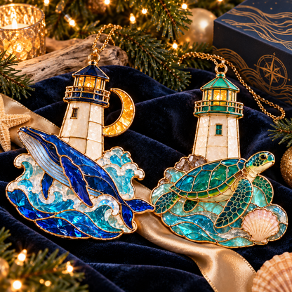 Coastal Lighthouse Christmas Ornaments – Vintage Stained Glass Style, Set of 6