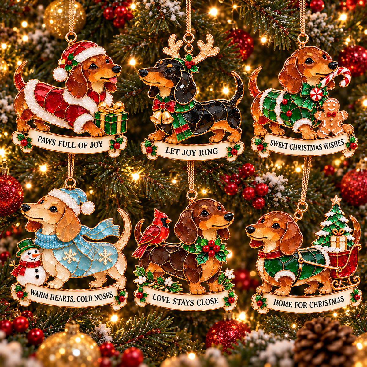🐾🎄 Dachshund Christmas Ornaments Set of 6 - Stained Glass Style